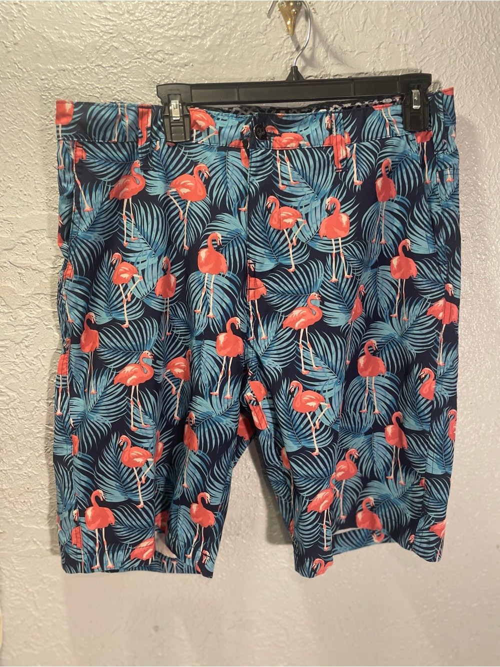 Navy Flamingo Print Swim Trunks - Coral & Teal